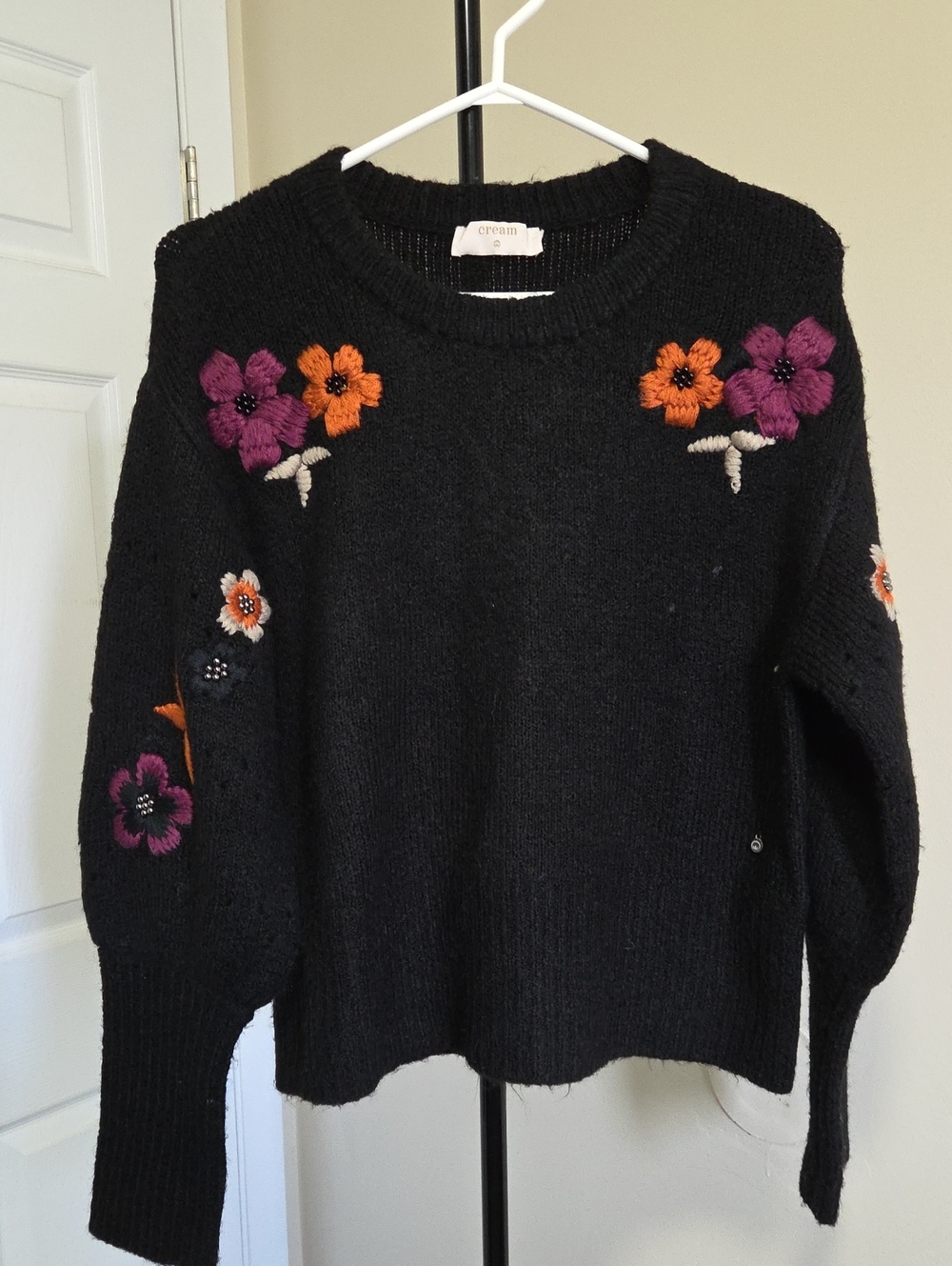 Cream Black Floral Embroidered Crewneck Sweater